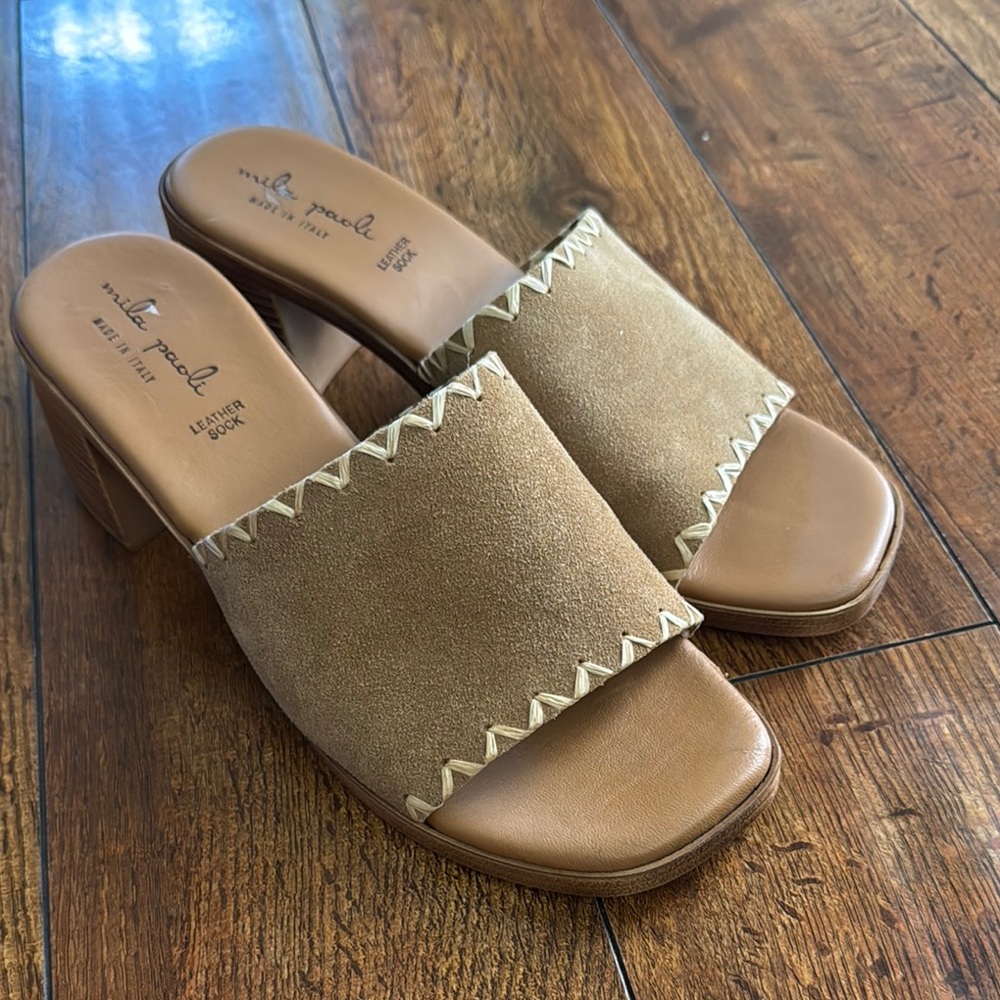 Mila Paoli Tan Mules with Suede Upper